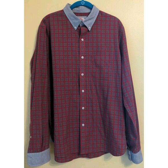Brooks Brothers Long Sleeve Button Down Men's Shirt Red Plaid Gray Cuff Size L - Picture 1 of 9